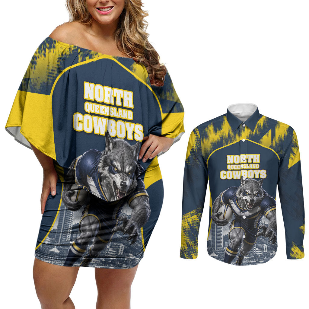 Personalised North Queensland Cowboys Mascot Rugby Couples Matching Off Shoulder Short Dress and Long Sleeve Button Shirt Townsville Cityscape Athletic Graphic Print