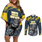 Personalised North Queensland Cowboys Mascot Rugby Couples Matching Off Shoulder Short Dress and Long Sleeve Button Shirt Townsville Cityscape Athletic Graphic Print