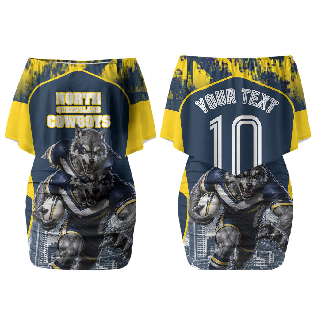 Personalised North Queensland Cowboys Mascot Rugby Couples Matching Off Shoulder Short Dress and Long Sleeve Button Shirt Townsville Cityscape Athletic Graphic Print