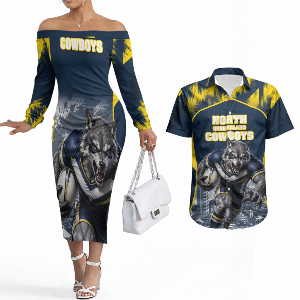 Personalised North Queensland Cowboys Mascot Rugby Couples Matching Off The Shoulder Long Sleeve Dress and Hawaiian Shirt Townsville Cityscape Athletic Graphic Print