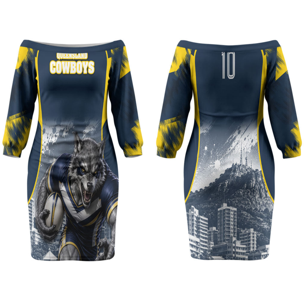 Personalised North Queensland Cowboys Mascot Rugby Couples Matching Off The Shoulder Long Sleeve Dress and Hawaiian Shirt Townsville Cityscape Athletic Graphic Print