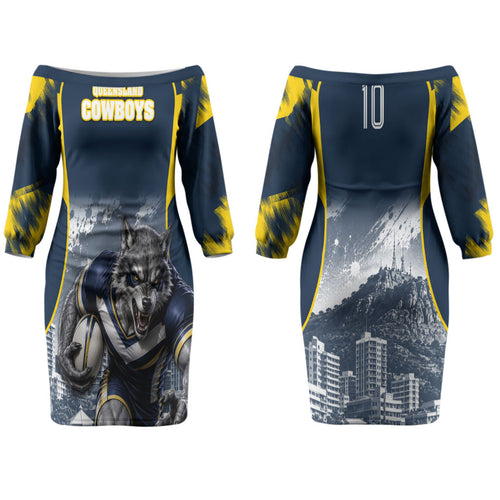 Personalised North Queensland Cowboys Mascot Rugby Couples Matching Off The Shoulder Long Sleeve Dress and Hawaiian Shirt Townsville Cityscape Athletic Graphic Print
