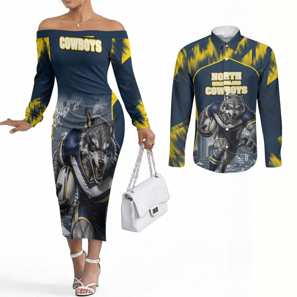 Personalised North Queensland Cowboys Mascot Rugby Couples Matching Off The Shoulder Long Sleeve Dress and Long Sleeve Button Shirt Townsville Cityscape Athletic Graphic Print