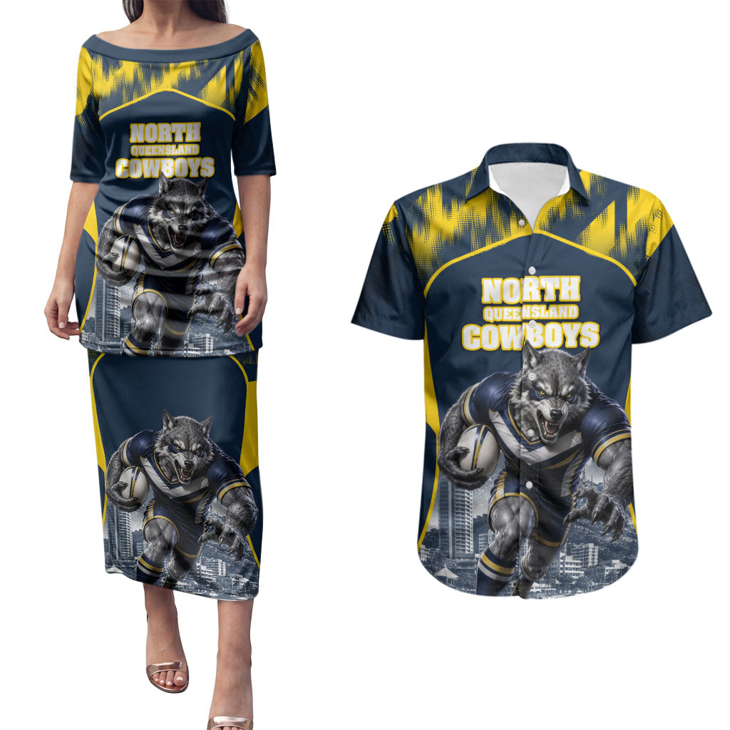 Personalised North Queensland Cowboys Mascot Rugby Couples Matching Puletasi and Hawaiian Shirt Townsville Cityscape Athletic Graphic Print