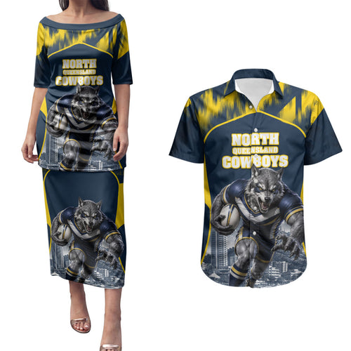 Personalised North Queensland Cowboys Mascot Rugby Couples Matching Puletasi and Hawaiian Shirt Townsville Cityscape Athletic Graphic Print