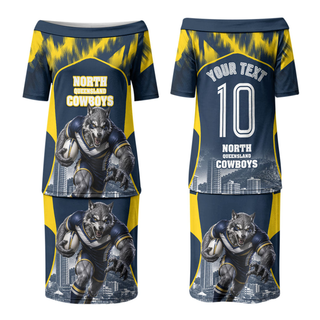 Personalised North Queensland Cowboys Mascot Rugby Couples Matching Puletasi and Hawaiian Shirt Townsville Cityscape Athletic Graphic Print