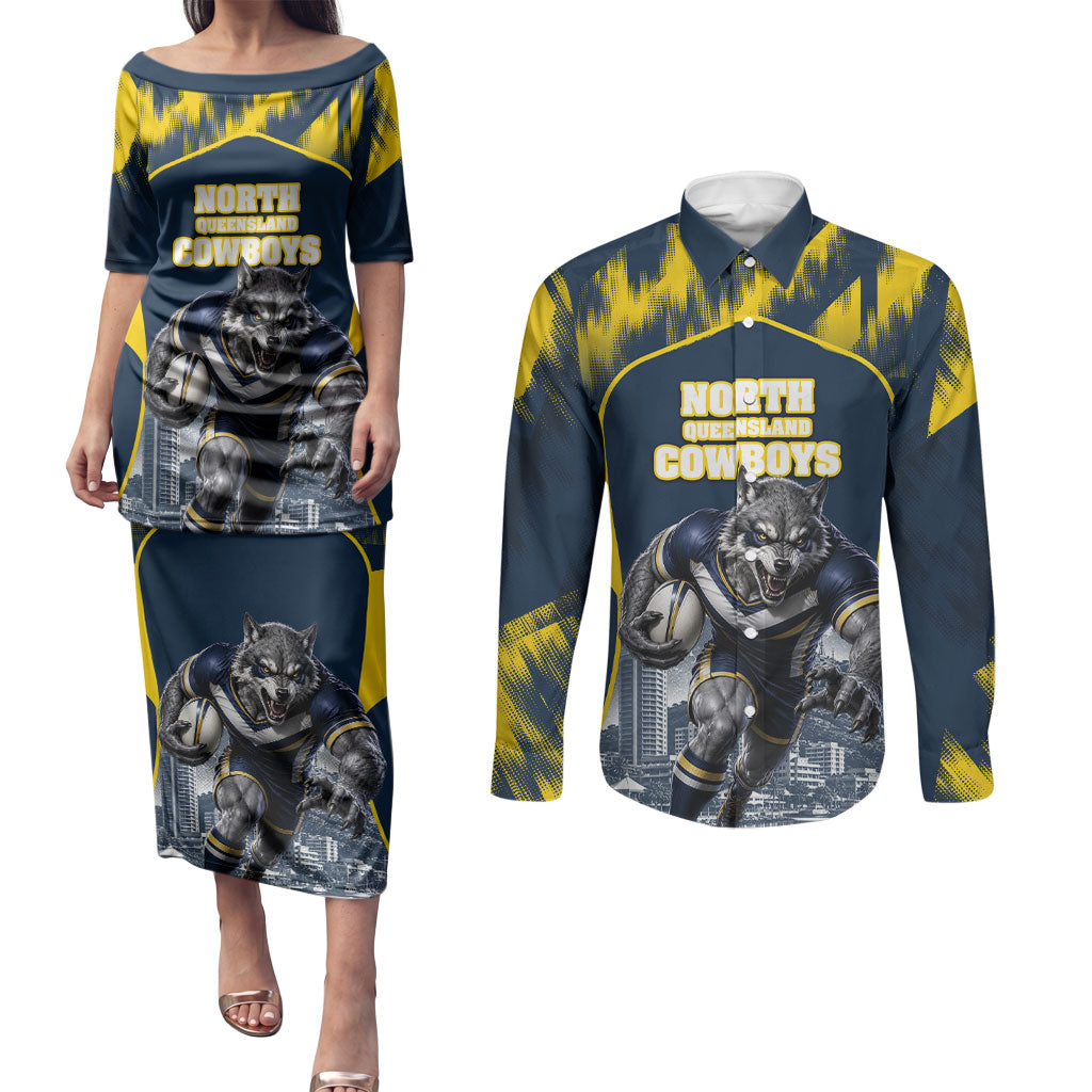 Personalised North Queensland Cowboys Mascot Rugby Couples Matching Puletasi and Long Sleeve Button Shirt Townsville Cityscape Athletic Graphic Print