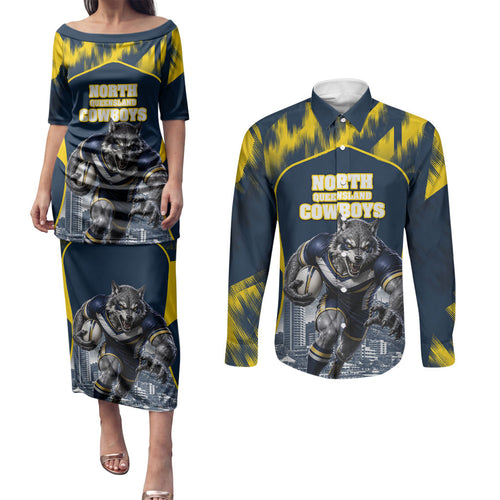 Personalised North Queensland Cowboys Mascot Rugby Couples Matching Puletasi and Long Sleeve Button Shirt Townsville Cityscape Athletic Graphic Print