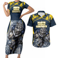 Personalised North Queensland Cowboys Mascot Rugby Couples Matching Short Sleeve Bodycon Dress and Hawaiian Shirt Townsville Cityscape Athletic Graphic Print