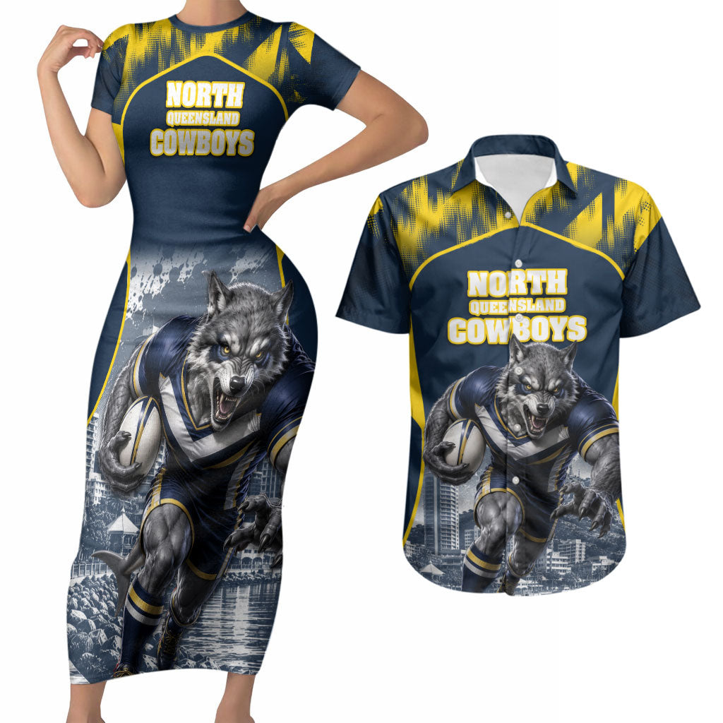Personalised North Queensland Cowboys Mascot Rugby Couples Matching Short Sleeve Bodycon Dress and Hawaiian Shirt Townsville Cityscape Athletic Graphic Print