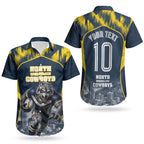 Personalised North Queensland Cowboys Mascot Rugby Couples Matching Short Sleeve Bodycon Dress and Hawaiian Shirt Townsville Cityscape Athletic Graphic Print