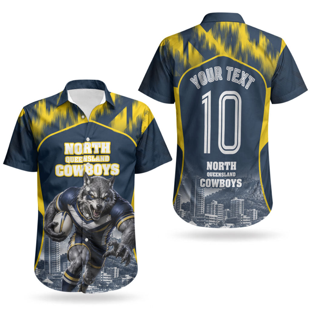 Personalised North Queensland Cowboys Mascot Rugby Couples Matching Short Sleeve Bodycon Dress and Hawaiian Shirt Townsville Cityscape Athletic Graphic Print