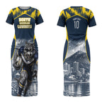 Personalised North Queensland Cowboys Mascot Rugby Couples Matching Short Sleeve Bodycon Dress and Hawaiian Shirt Townsville Cityscape Athletic Graphic Print