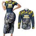 Personalised North Queensland Cowboys Mascot Rugby Couples Matching Short Sleeve Bodycon Dress and Long Sleeve Button Shirt Townsville Cityscape Athletic Graphic Print