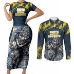 Personalised North Queensland Cowboys Mascot Rugby Couples Matching Short Sleeve Bodycon Dress and Long Sleeve Button Shirt Townsville Cityscape Athletic Graphic Print