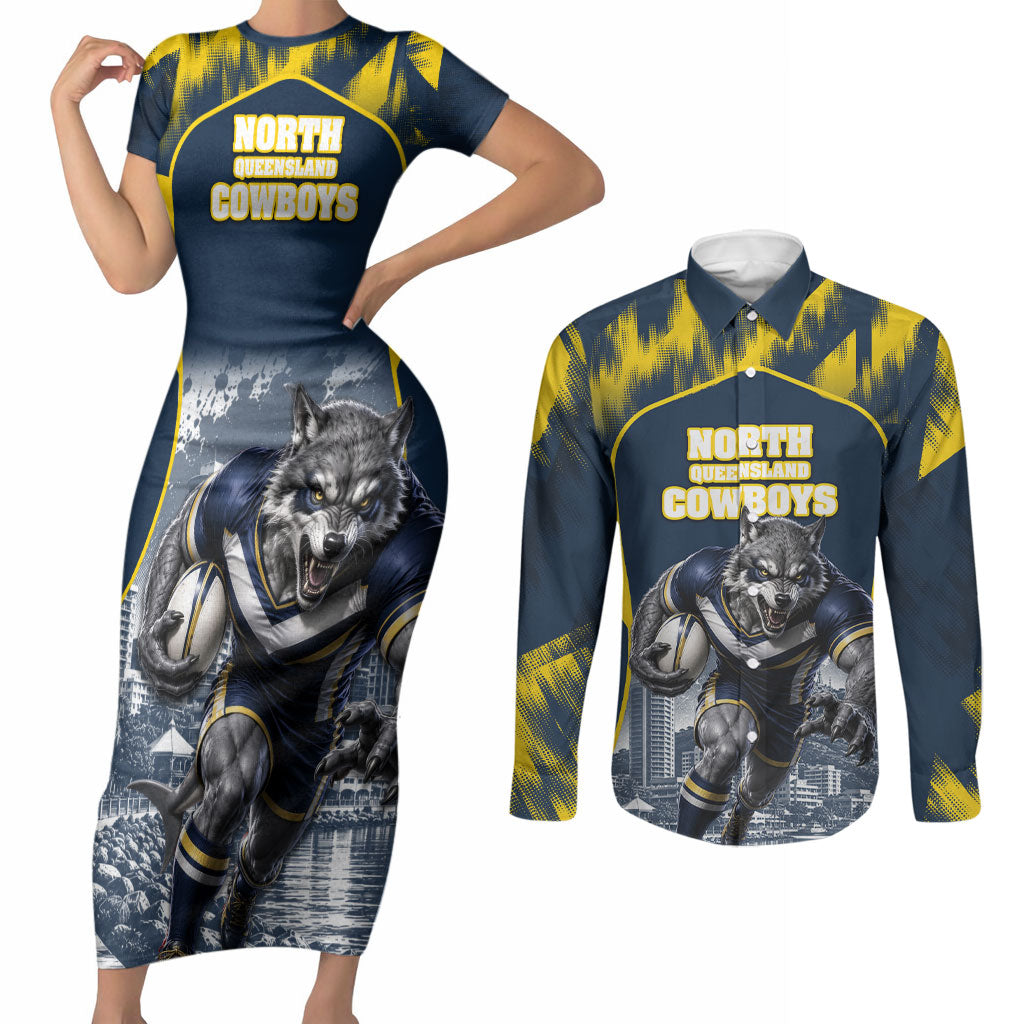 Personalised North Queensland Cowboys Mascot Rugby Couples Matching Short Sleeve Bodycon Dress and Long Sleeve Button Shirt Townsville Cityscape Athletic Graphic Print