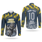 Personalised North Queensland Cowboys Mascot Rugby Couples Matching Short Sleeve Bodycon Dress and Long Sleeve Button Shirt Townsville Cityscape Athletic Graphic Print
