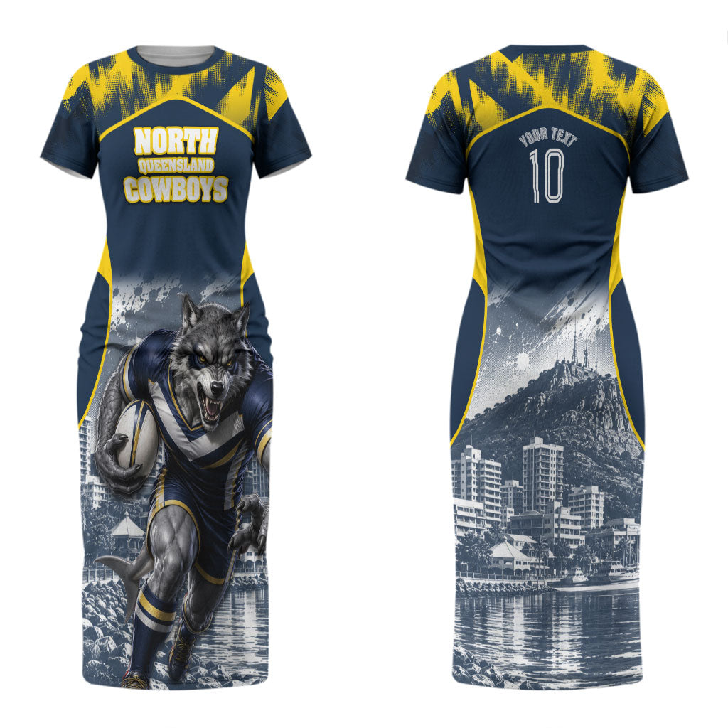 Personalised North Queensland Cowboys Mascot Rugby Couples Matching Short Sleeve Bodycon Dress and Long Sleeve Button Shirt Townsville Cityscape Athletic Graphic Print