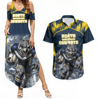 Personalised North Queensland Cowboys Mascot Rugby Couples Matching Summer Maxi Dress and Hawaiian Shirt Townsville Cityscape Athletic Graphic Print