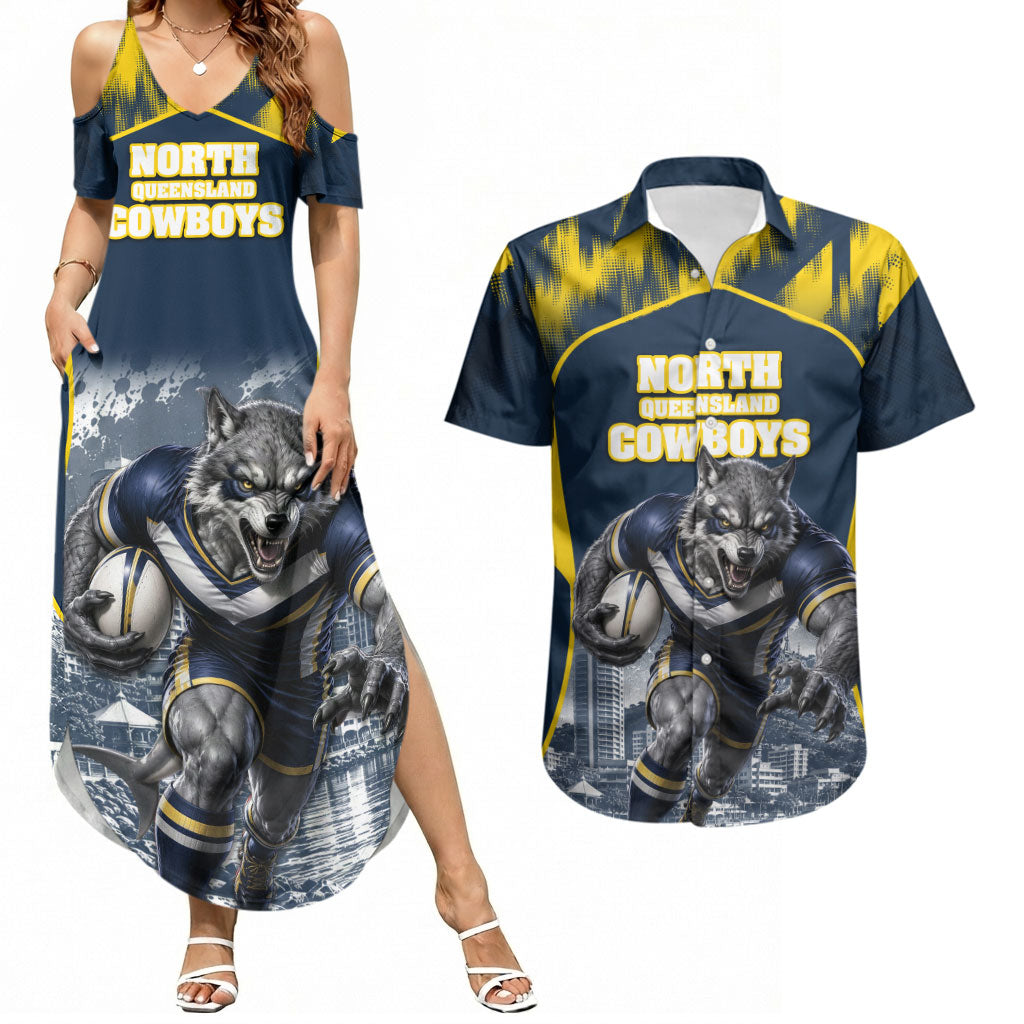 Personalised North Queensland Cowboys Mascot Rugby Couples Matching Summer Maxi Dress and Hawaiian Shirt Townsville Cityscape Athletic Graphic Print