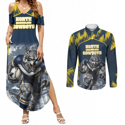 Personalised North Queensland Cowboys Mascot Rugby Couples Matching Summer Maxi Dress and Long Sleeve Button Shirt Townsville Cityscape Athletic Graphic Print