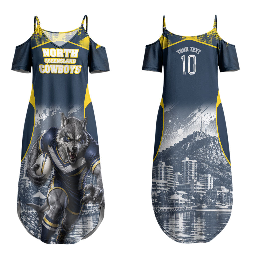 Personalised North Queensland Cowboys Mascot Rugby Couples Matching Summer Maxi Dress and Long Sleeve Button Shirt Townsville Cityscape Athletic Graphic Print