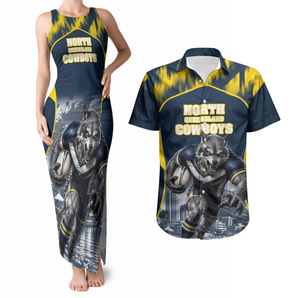 Personalised North Queensland Cowboys Mascot Rugby Couples Matching Tank Maxi Dress and Hawaiian Shirt Townsville Cityscape Athletic Graphic Print