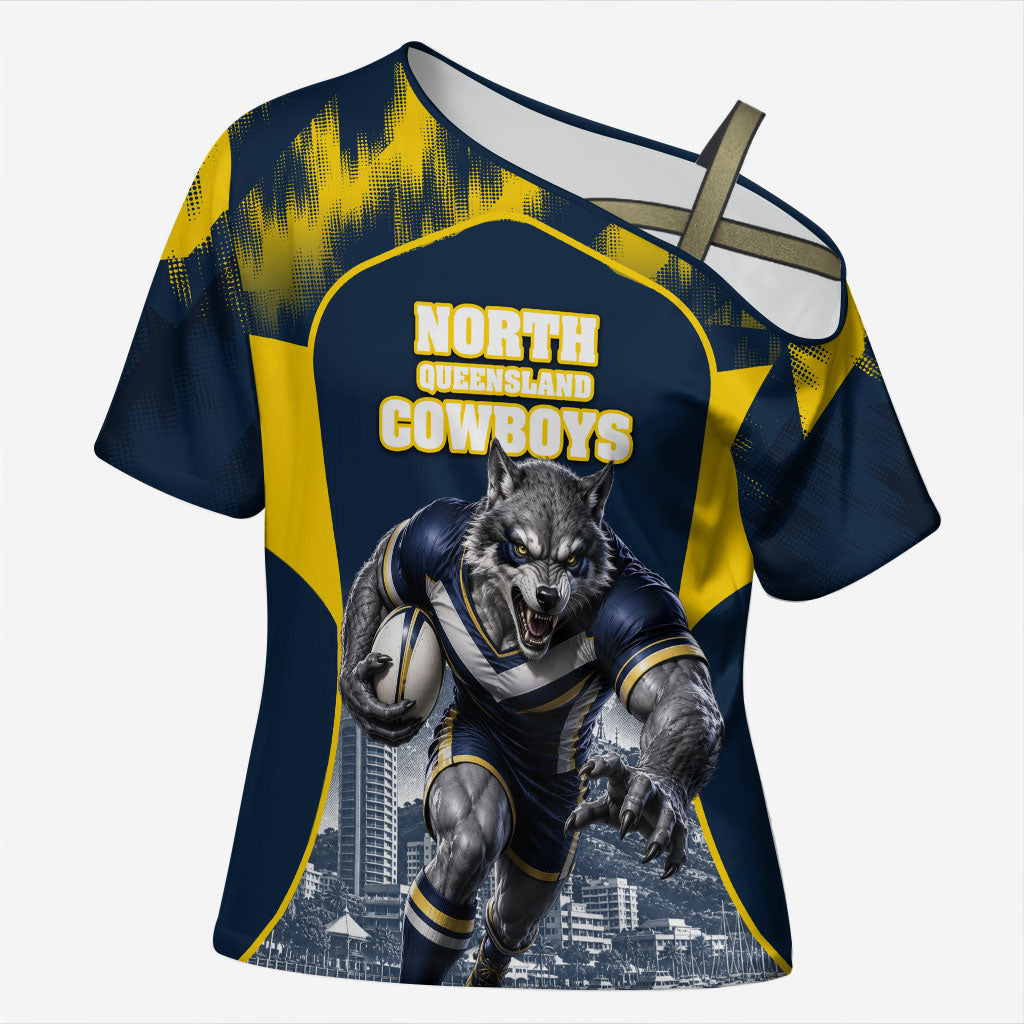 Personalised North Queensland Cowboys Mascot Rugby Cross Shoulder Shirt Townsville Cityscape Athletic Graphic Print
