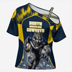 Personalised North Queensland Cowboys Mascot Rugby Cross Shoulder Shirt Townsville Cityscape Athletic Graphic Print