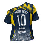 Personalised North Queensland Cowboys Mascot Rugby Cross Shoulder Shirt Townsville Cityscape Athletic Graphic Print