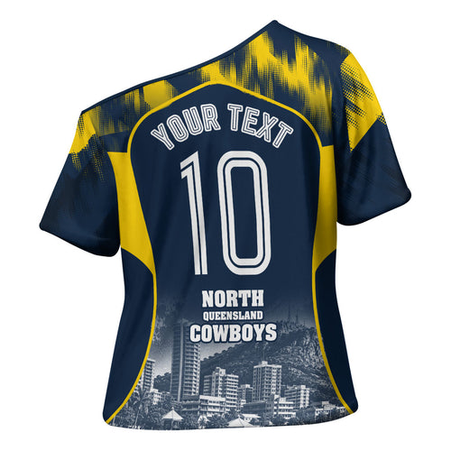 Personalised North Queensland Cowboys Mascot Rugby Cross Shoulder Shirt Townsville Cityscape Athletic Graphic Print