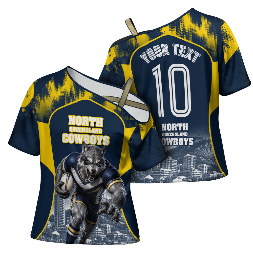 Personalised North Queensland Cowboys Mascot Rugby Cross Shoulder Shirt Townsville Cityscape Athletic Graphic Print