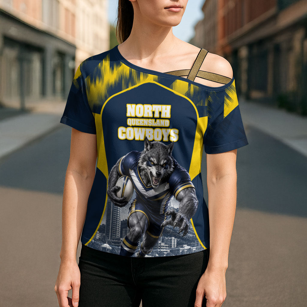 Personalised North Queensland Cowboys Mascot Rugby Cross Shoulder Shirt Townsville Cityscape Athletic Graphic Print