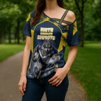 Personalised North Queensland Cowboys Mascot Rugby Cross Shoulder Shirt Townsville Cityscape Athletic Graphic Print