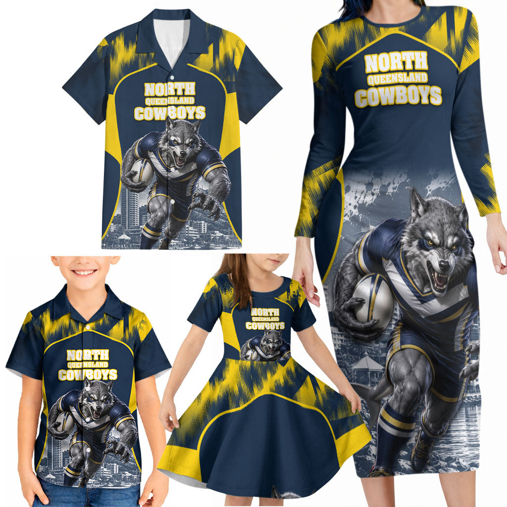 Personalised North Queensland Cowboys Mascot Rugby Family Matching Long Sleeve Bodycon Dress and Hawaiian Shirt Townsville Cityscape Athletic Graphic Print