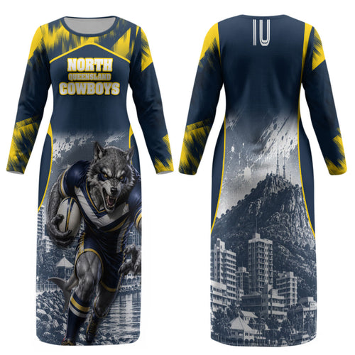 Personalised North Queensland Cowboys Mascot Rugby Family Matching Long Sleeve Bodycon Dress and Hawaiian Shirt Townsville Cityscape Athletic Graphic Print