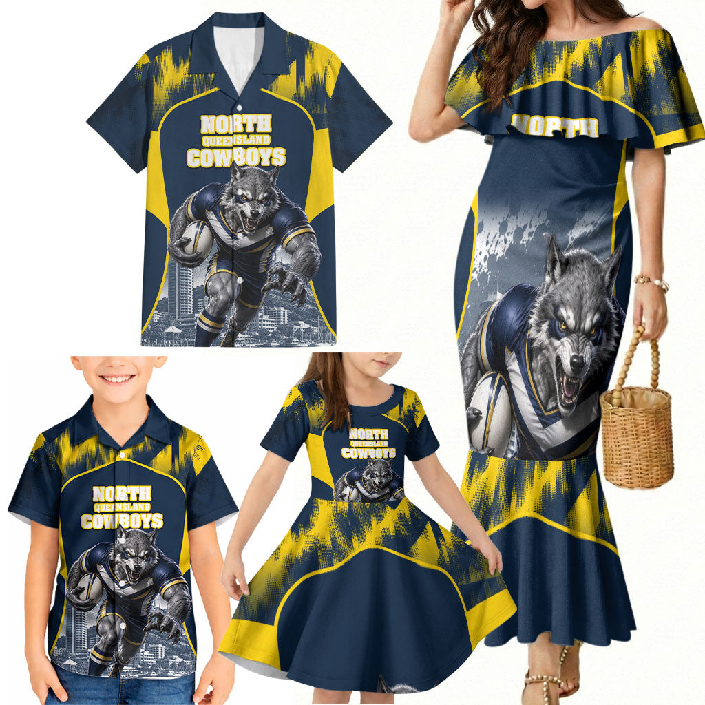 Personalised North Queensland Cowboys Mascot Rugby Family Matching Mermaid Dress and Hawaiian Shirt Townsville Cityscape Athletic Graphic Print