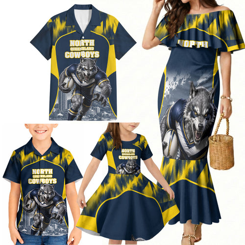 Personalised North Queensland Cowboys Mascot Rugby Family Matching Mermaid Dress and Hawaiian Shirt Townsville Cityscape Athletic Graphic Print