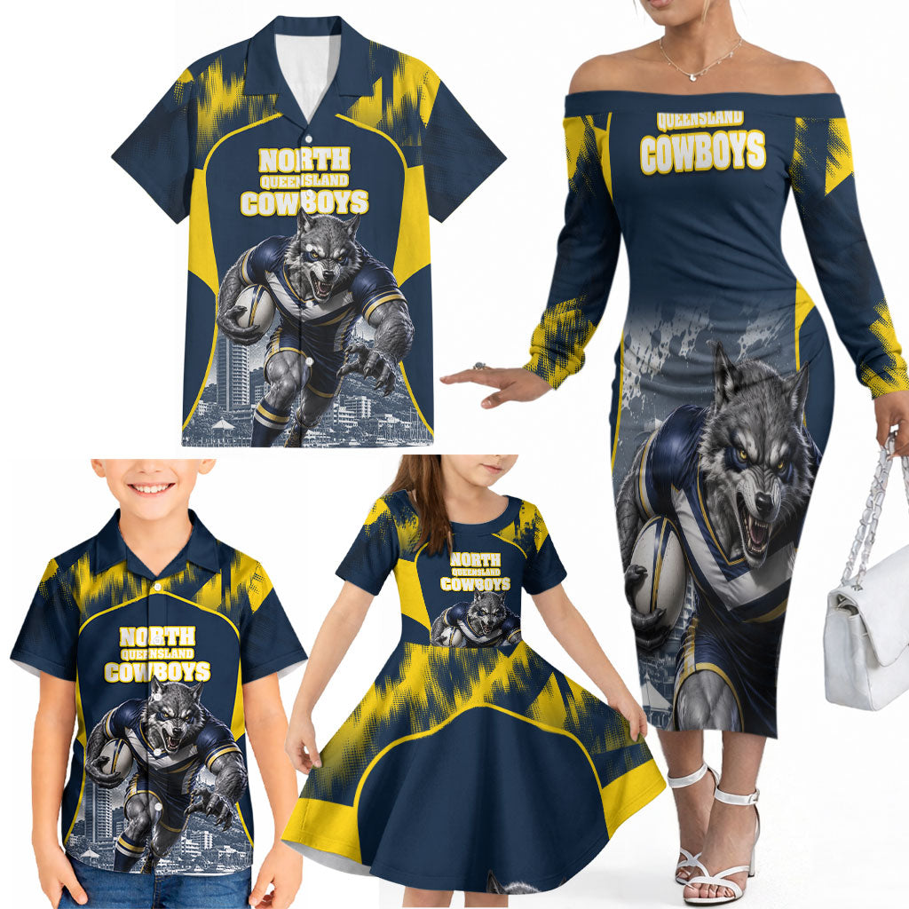 Personalised North Queensland Cowboys Mascot Rugby Family Matching Off The Shoulder Long Sleeve Dress and Hawaiian Shirt Townsville Cityscape Athletic Graphic Print