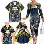 Personalised North Queensland Cowboys Mascot Rugby Family Matching Off The Shoulder Long Sleeve Dress and Hawaiian Shirt Townsville Cityscape Athletic Graphic Print