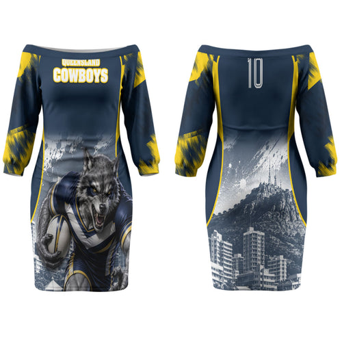 Personalised North Queensland Cowboys Mascot Rugby Family Matching Off The Shoulder Long Sleeve Dress and Hawaiian Shirt Townsville Cityscape Athletic Graphic Print