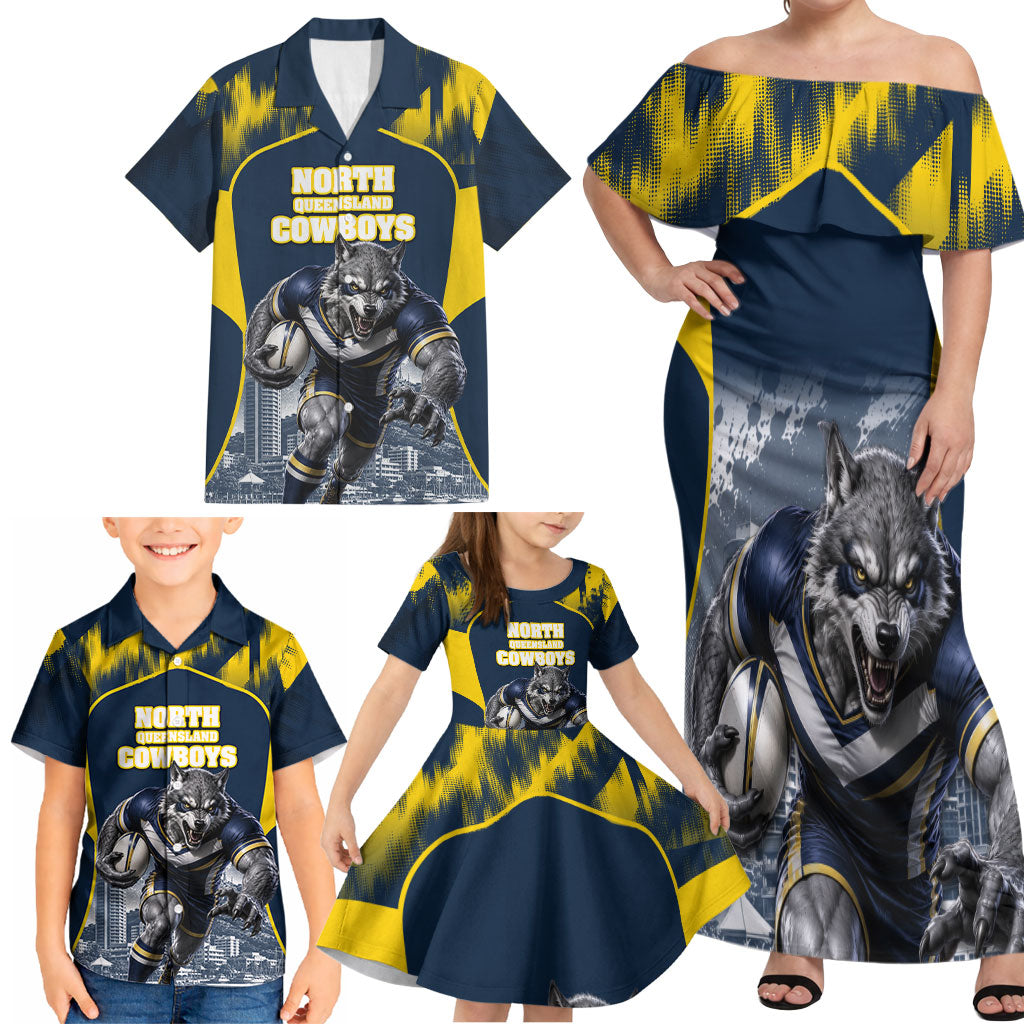 Personalised North Queensland Cowboys Mascot Rugby Family Matching Off Shoulder Maxi Dress and Hawaiian Shirt Townsville Cityscape Athletic Graphic Print