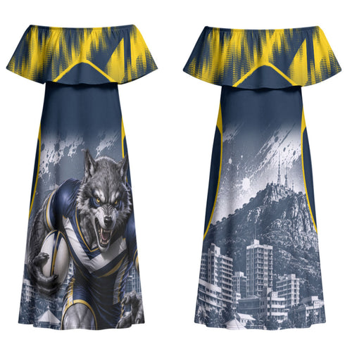 Personalised North Queensland Cowboys Mascot Rugby Family Matching Off Shoulder Maxi Dress and Hawaiian Shirt Townsville Cityscape Athletic Graphic Print