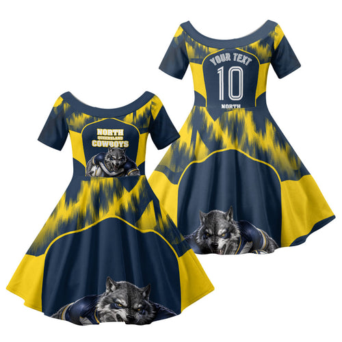 Personalised North Queensland Cowboys Mascot Rugby Family Matching Off Shoulder Maxi Dress and Hawaiian Shirt Townsville Cityscape Athletic Graphic Print