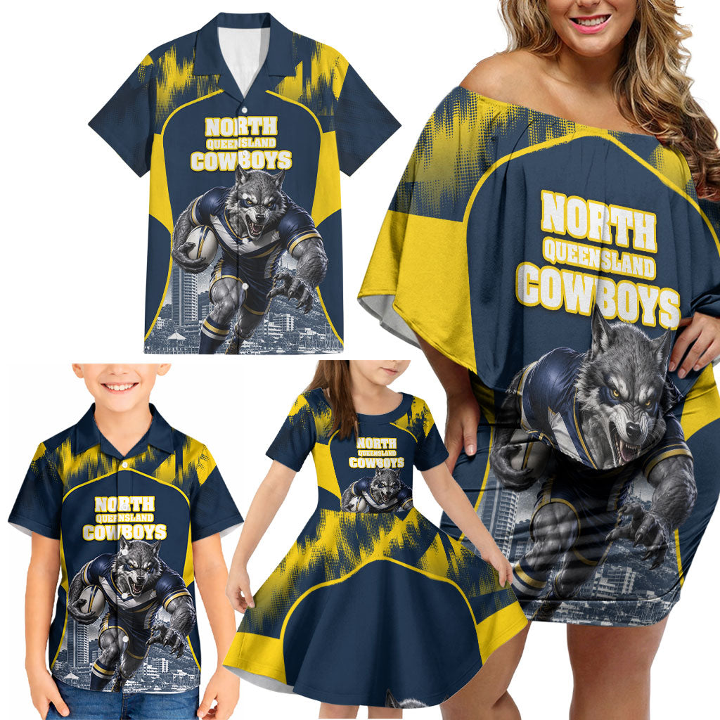 Personalised North Queensland Cowboys Mascot Rugby Family Matching Off Shoulder Short Dress and Hawaiian Shirt Townsville Cityscape Athletic Graphic Print