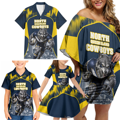 Personalised North Queensland Cowboys Mascot Rugby Family Matching Off Shoulder Short Dress and Hawaiian Shirt Townsville Cityscape Athletic Graphic Print