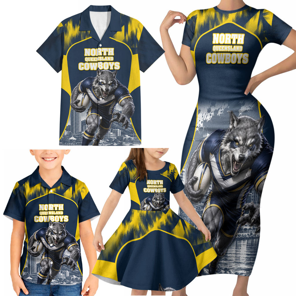 Personalised North Queensland Cowboys Mascot Rugby Family Matching Short Sleeve Bodycon Dress and Hawaiian Shirt Townsville Cityscape Athletic Graphic Print