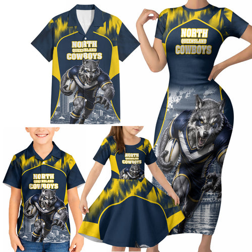 Personalised North Queensland Cowboys Mascot Rugby Family Matching Short Sleeve Bodycon Dress and Hawaiian Shirt Townsville Cityscape Athletic Graphic Print