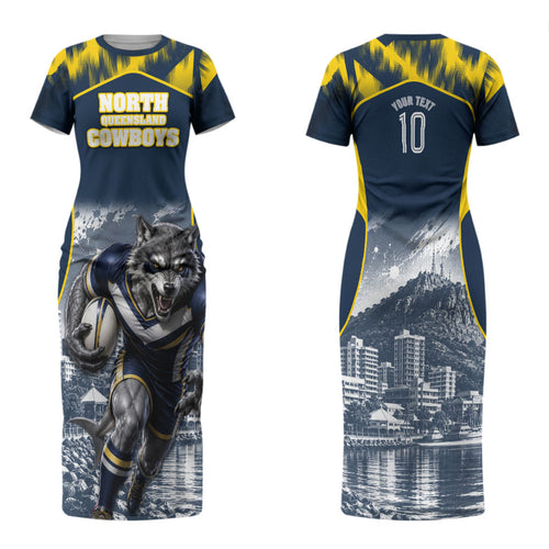 Personalised North Queensland Cowboys Mascot Rugby Family Matching Short Sleeve Bodycon Dress and Hawaiian Shirt Townsville Cityscape Athletic Graphic Print