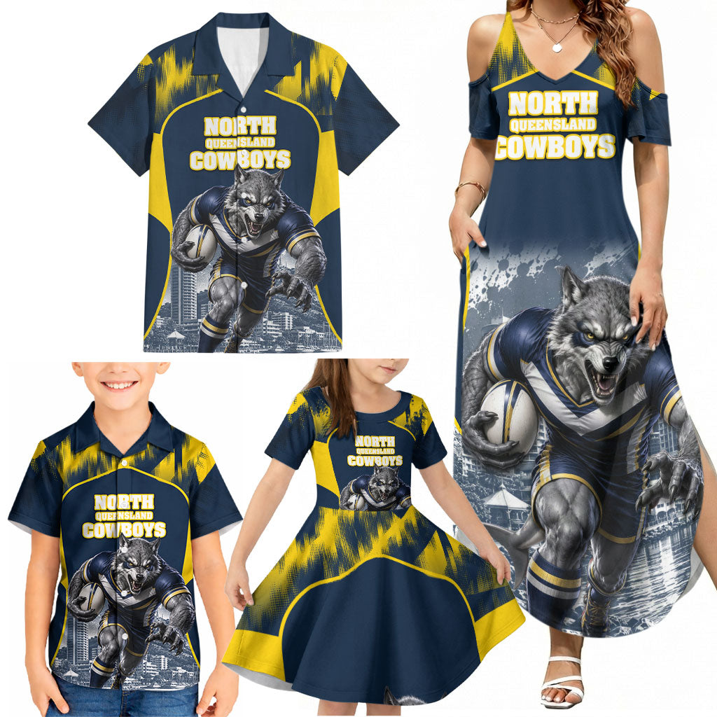 Personalised North Queensland Cowboys Mascot Rugby Family Matching Summer Maxi Dress and Hawaiian Shirt Townsville Cityscape Athletic Graphic Print